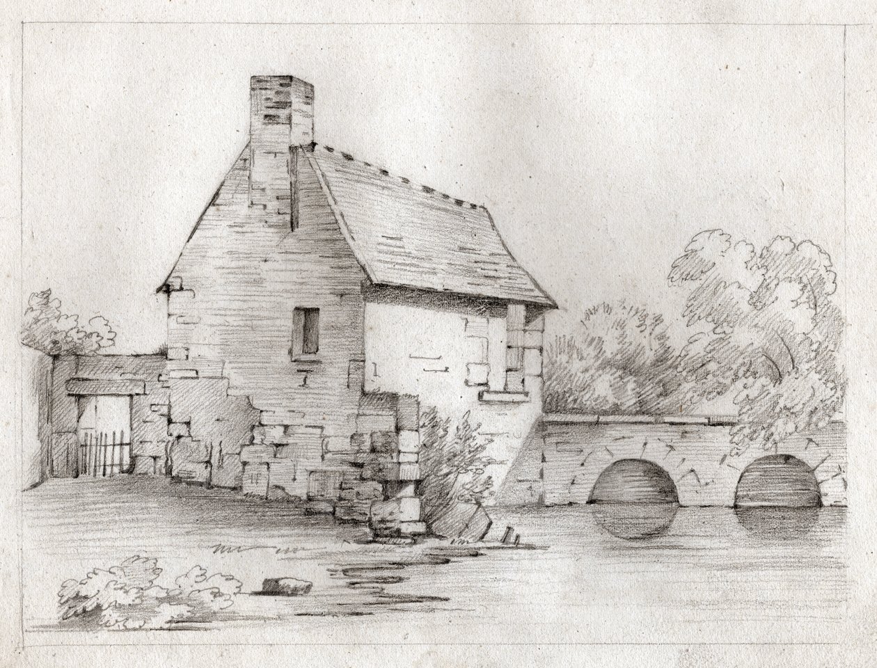 Bondehus på kanten av en elv. ca 1830 (illustrasjon) av . .