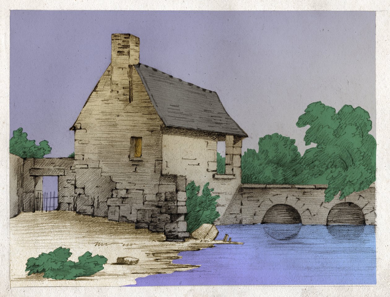 Bondehus på kanten av en elv. ca 1830 (illustrasjon) av . .