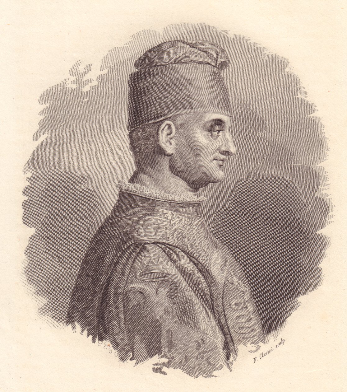 Portrett av hertugen av Milano, Filippo Maria Visconti (1392-1447), kobberstikk av F Clerici fra portrett utgitt av Antonio Campo av William Walcutt