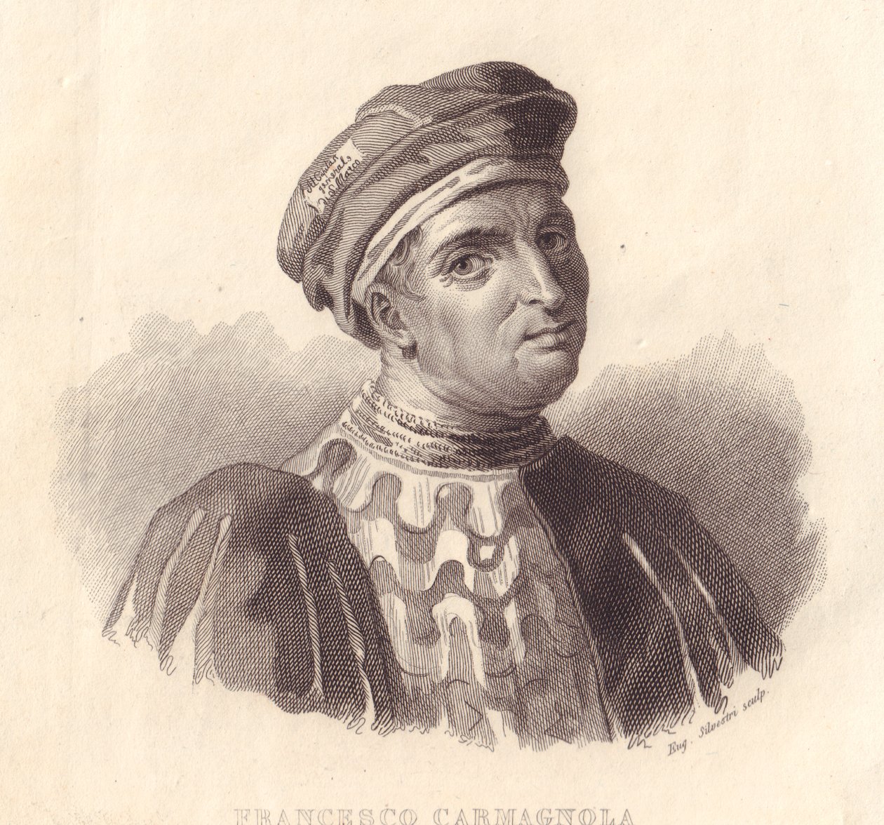 Portrett av den italienske militærlederen Francesco da Bussone også kjent som Carmagnola (1380-1432), kobberstikk av E Silvestri fra maleri av William Walcutt