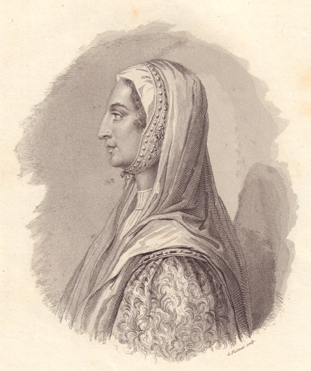 Portrett av den italienske adelskvinnen Beatrice Lascaris di Tenda (1372-1418), kobberstikk av G Fusinati fra portrett utgitt av Antonio Campo av William Walcutt
