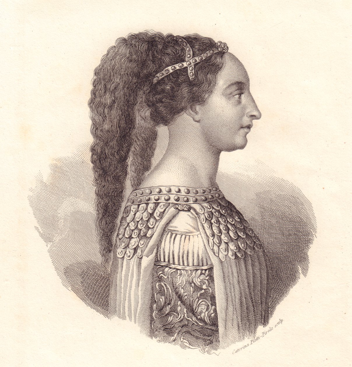 Portrett av den italienske adelskvinnen Isotta degli Atti (ca. 1432-1474), kobberstikk av Caterina Piotti-Pirola av William Walcutt