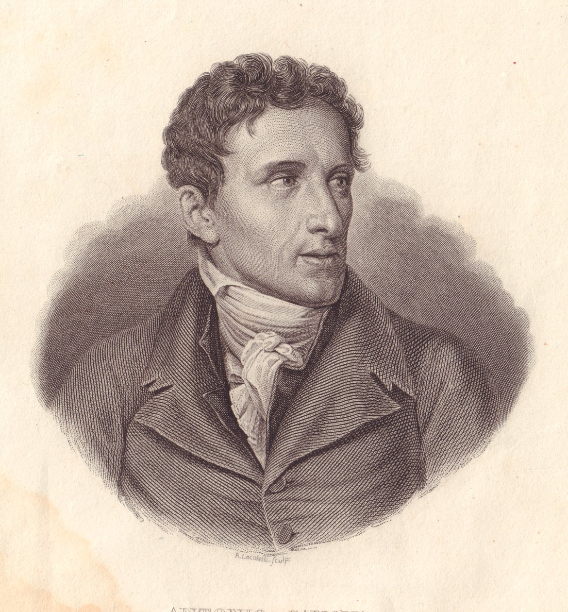 Portrett av den italienske billedhuggeren Antonio Canova (1757-1822), kobberstikk av A Locatelli fra maleri av Giuseppe Bossi av William Walcutt