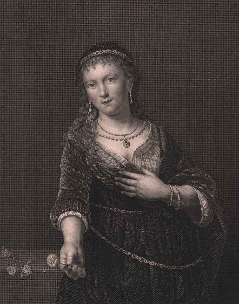 Portrett av Saskia van Uylenburgh (1612-1642), kone til Rembrandt, gravering av Daniel John Pound fra maleri av Rembrandt, fra Paynes Royal Dresden Gallery, av Albert Henry Payne, H Payne Dresden og Leipzig Publisher, ca. 1840 av William Walcutt