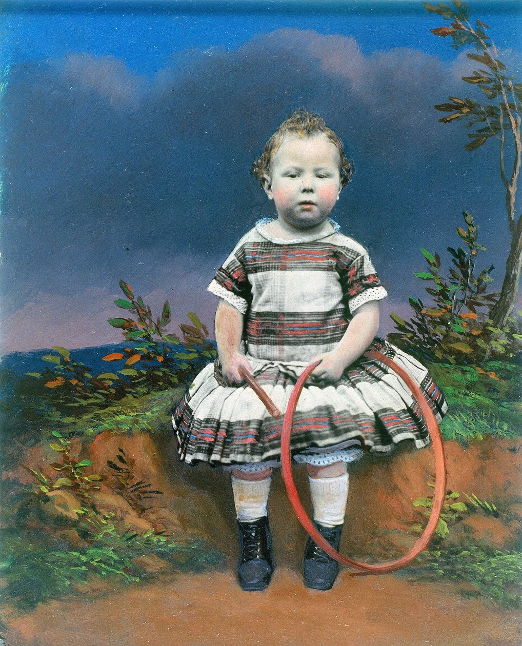 Portrett av et barn med bøyle, håndfarget ambrotypi, ca 1860 av Ferdinand Georg Waldmuller