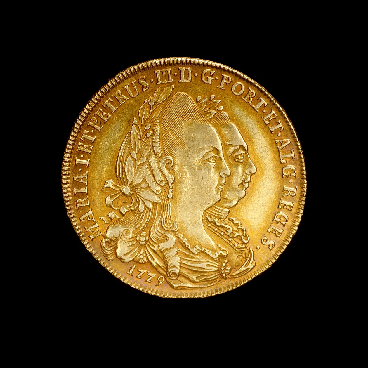 Portugisisk mynt som viser dronning Maria I og hennes kongegemal Pedro III av Hippolyte Lalaise Devéria