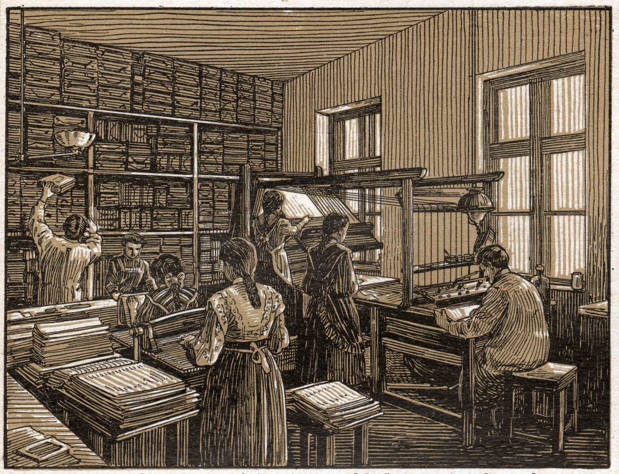 Trykkeri i Budapest, Ungarn: fasonering og utarbeidelse av bøker. Kvinners arbeid. ca. 1910 (illustrasjon) av . .
