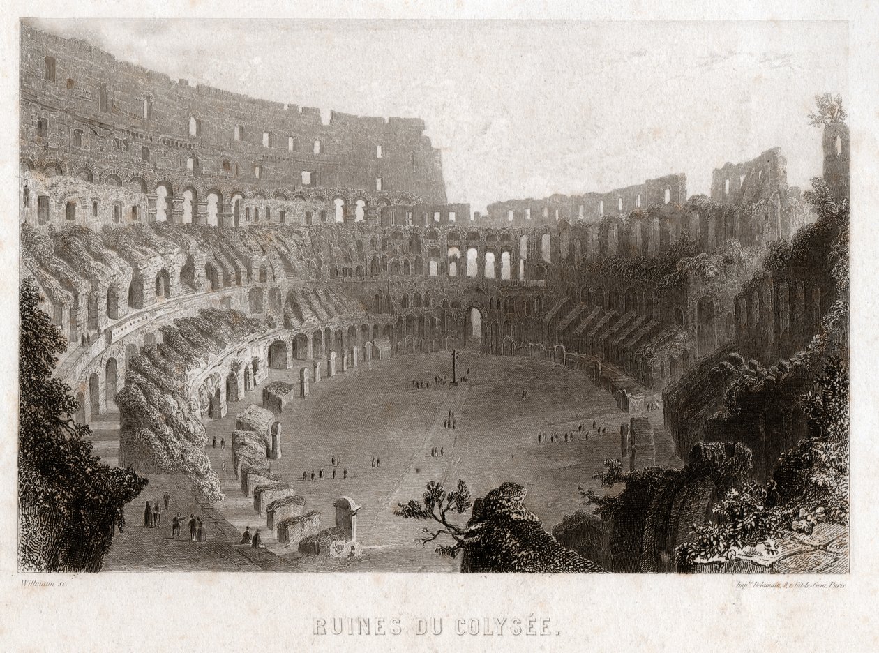 Ruinene av Colisee i Roma, rundt 1840 (Gravering) av . .