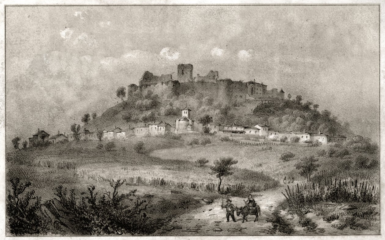 Ruinene av slottet Preny, Lorraine. ca. 1860 (gravering) av . .