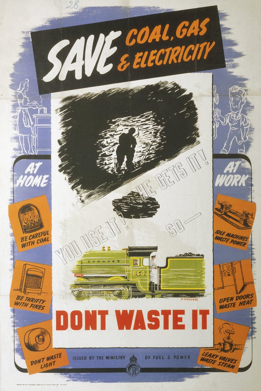 Save Coal, Gas & Electricity', plakat for drivstoff- og kraftdepartementet av Ferdinand Georg Waldmuller