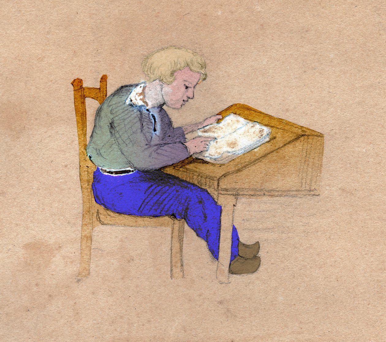 Skolegutt på jobb på skrivebordet sitt. ca 1830 (illustrasjon) av . .