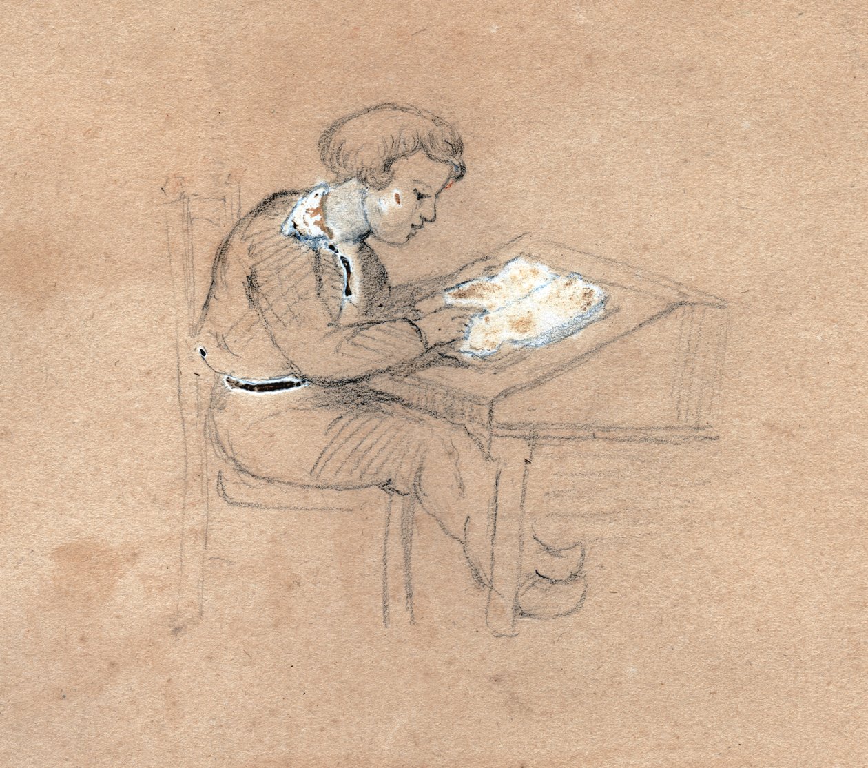 Skolegutt på jobb på skrivebordet sitt. ca 1830 (illustrasjon) av . .