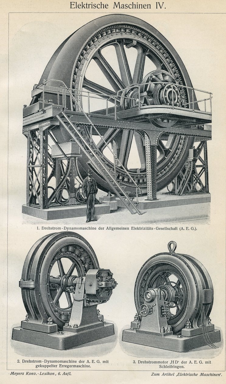 Vitenskaps- og teknologitavle som representerer industrielle elektriske maskiner med trefasestrøm. Illustrasjon hentet fra “” Meyers Grosses Konversations - Lexikon””” 1904. Bibliographers Institut, Leipzig und Wien av Ferdinand Georg Waldmuller