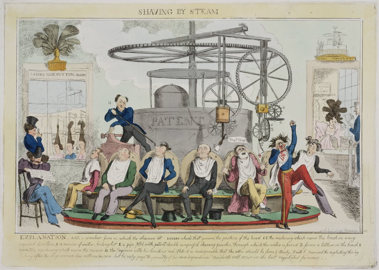 Barbering med Steam', ca 1810 av Frederick (attr. to) Barnard