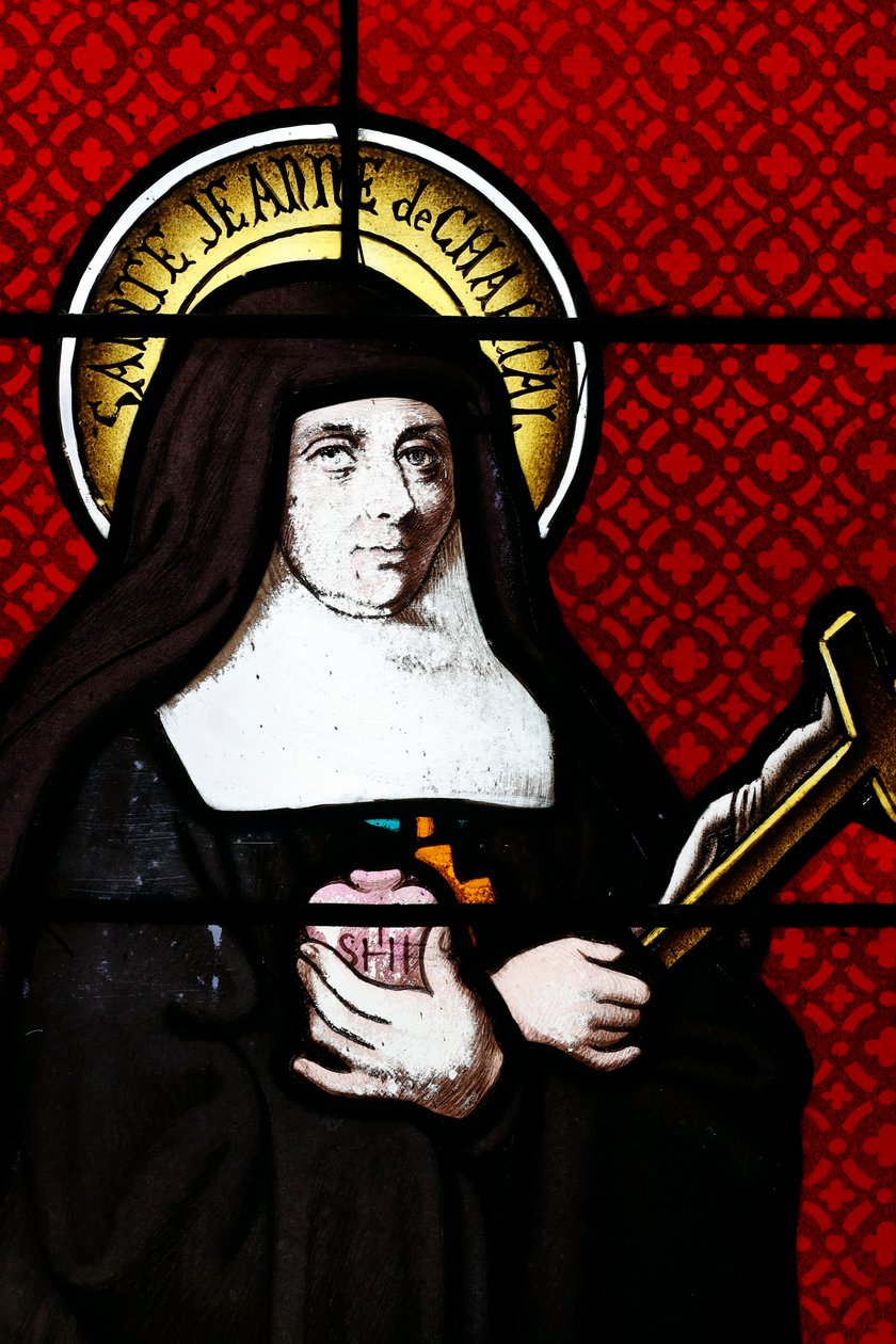 Glassmaleri vindu. Den hellige Jane Frances de Chantal er en romersk-katolsk helgen, som ble saligkåret i 1751. Hun grunnla den religiøse ordenen for besøk av den hellige Maria. Thorens. Frankrike. av . .