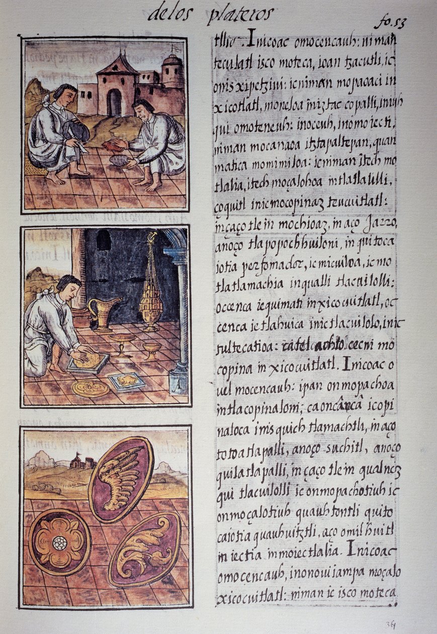 Servise og skjoldproduksjon, side fra den florentinske kodex, tospråklig versjon på spansk og Nahuatl, General History of the Things of New Spain, av den spanske misjonæren Fray Bernardino de Sahagun. Aztekisk sivilisasjon av Georg Carl Heinrich Dollmann