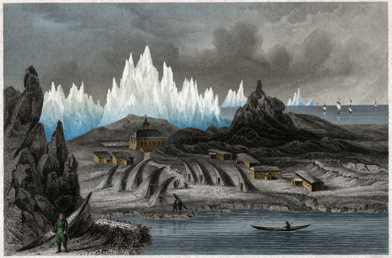 The Colony of the Moravian Brothers i Akunnat, Grønland (Lichtenfels). ca. 1850 (gravering) av . .
