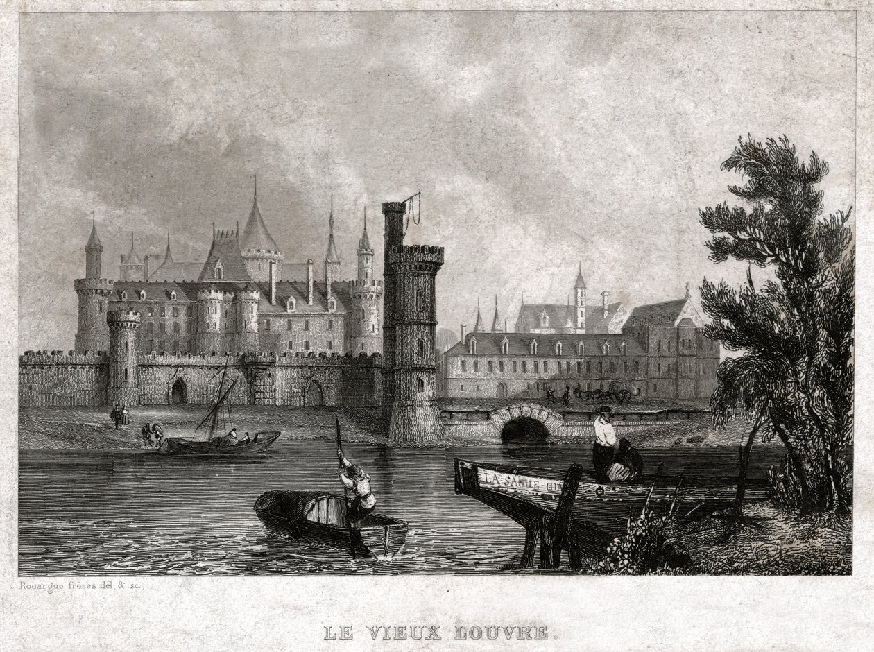 Det gamle Louvre, begynnelsen av 1800-tallet (gravering) av . .