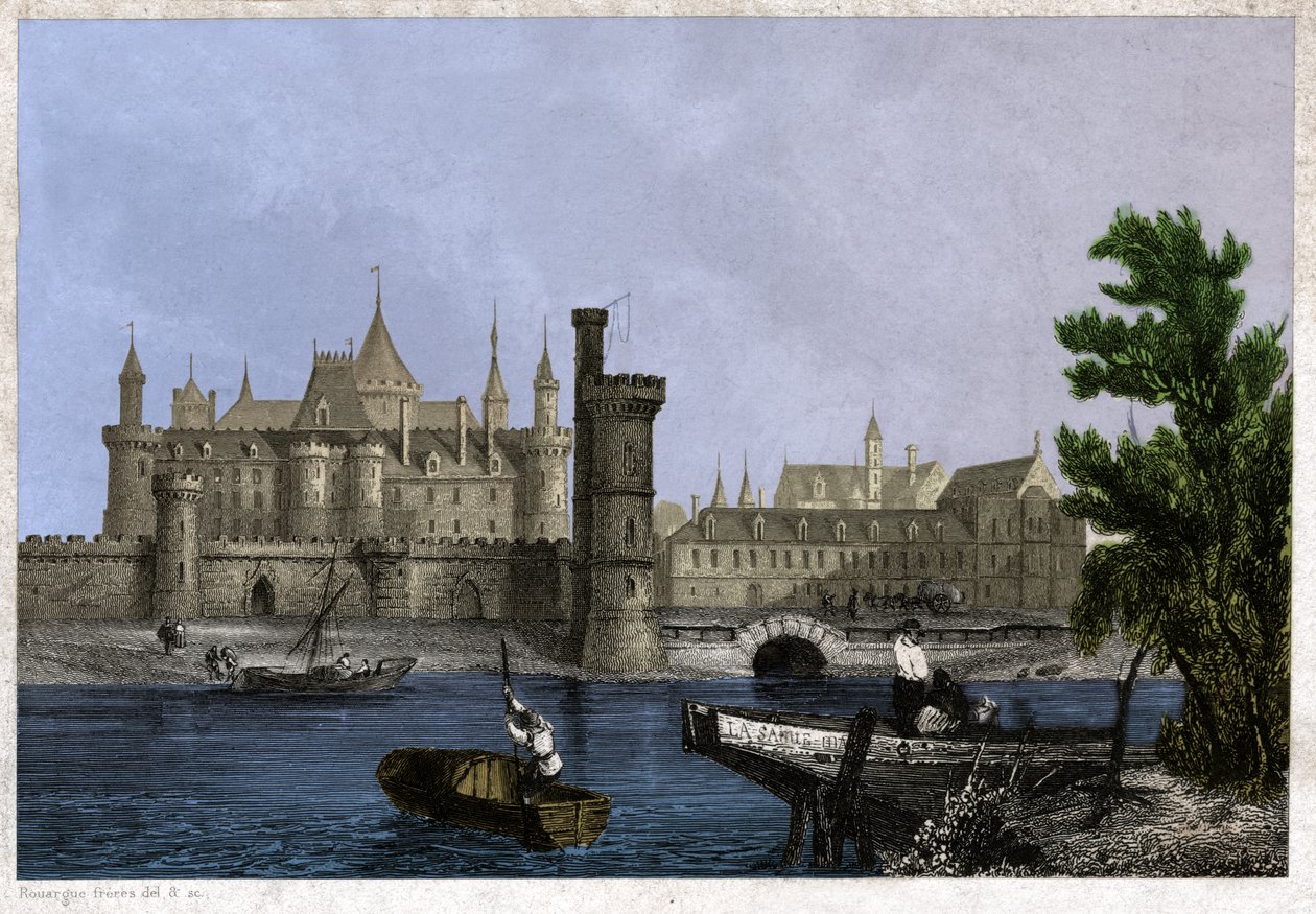 Det gamle Louvre, begynnelsen av 1800-tallet (gravering) av . .