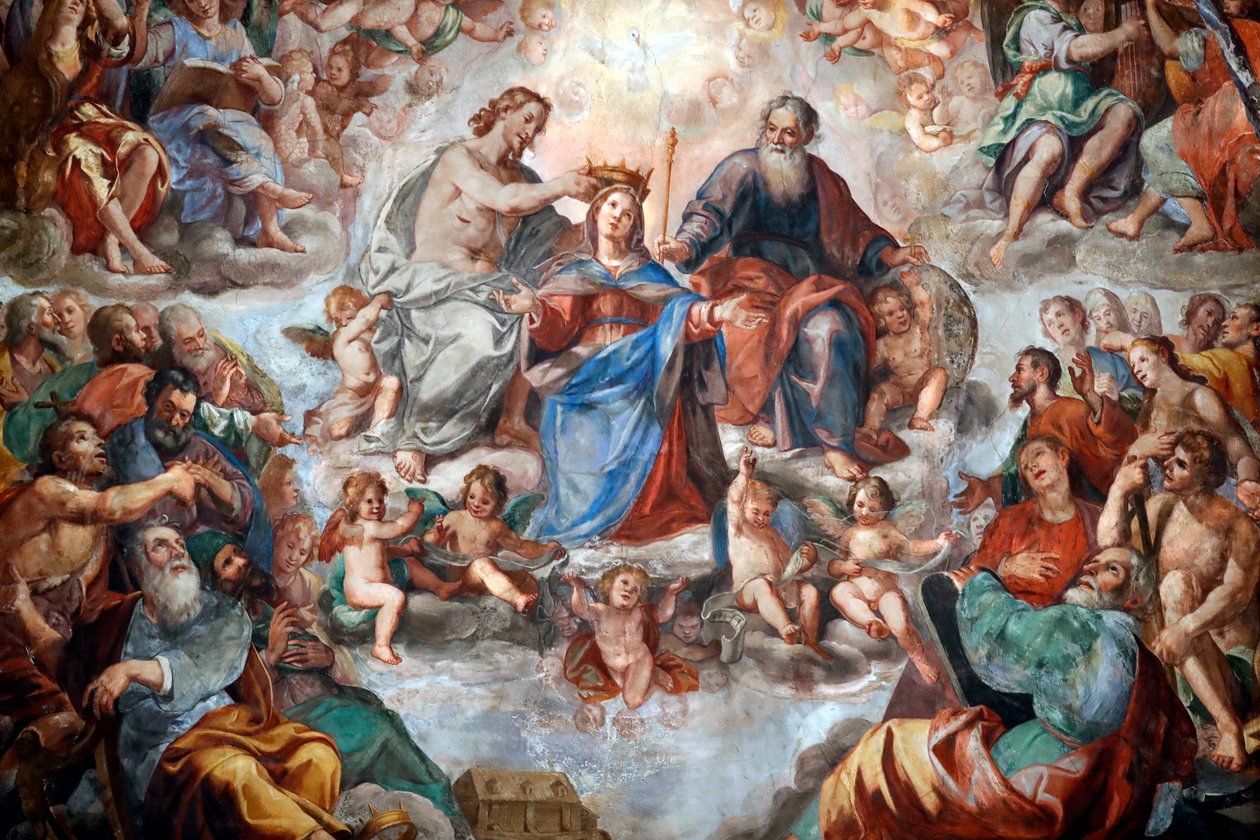 Kroningen av jomfruen. Fresco. San Donato kirke. Genova. Italia. av . .