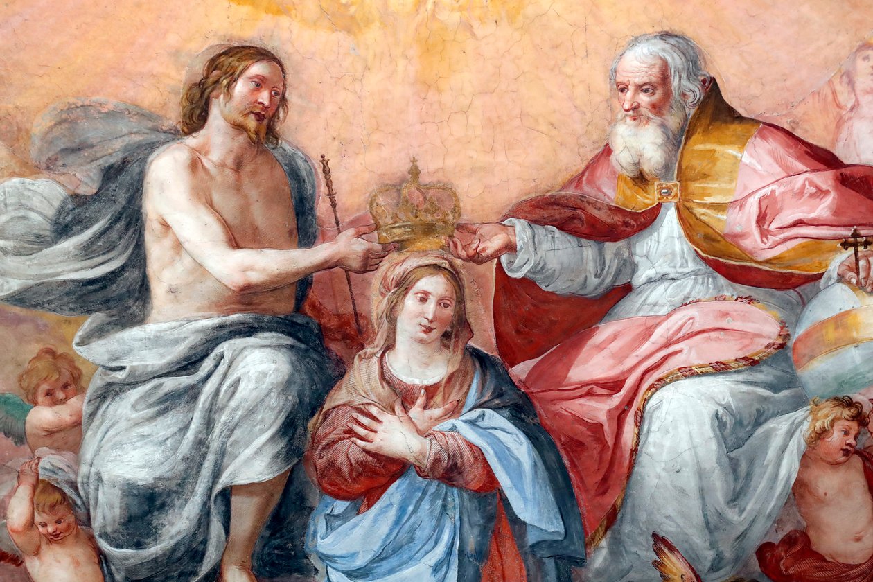 Kroningen av jomfruen. Fersk. Basilikaen Santissima Annunziata del Vastato. Genova. Italia. av . .