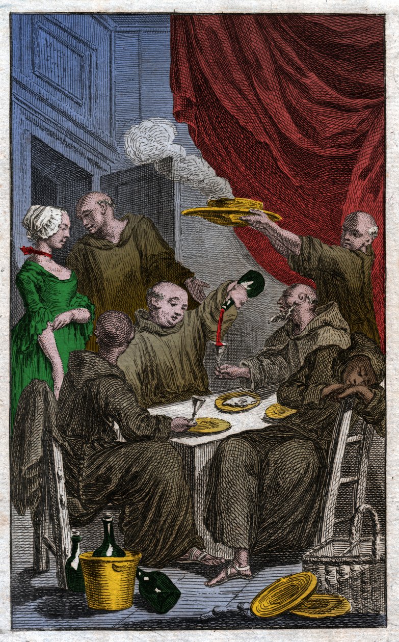 Festen for munker som bryter klosterreglene. De drikker vin, kurtiserer tjenestepikene. 1700-tallet (gravering) av . .