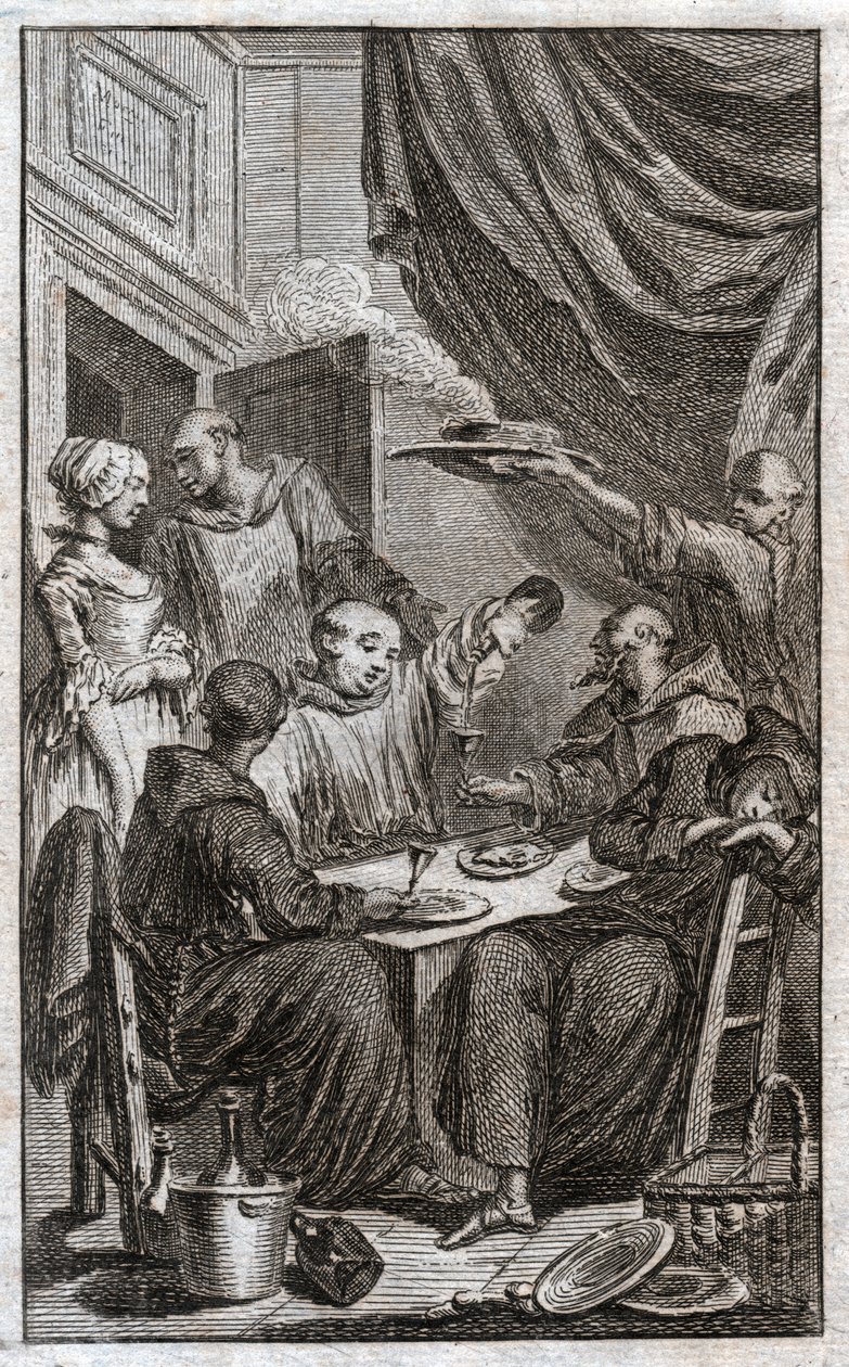 Festen for munker som bryter klosterreglene. De drikker vin, kurtiserer tjenestepikene. 1700-tallet (gravering) av . .