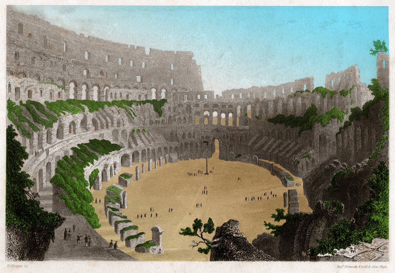 Ruinene av Colisee i Roma. ca. 1840 (gravering) av . .