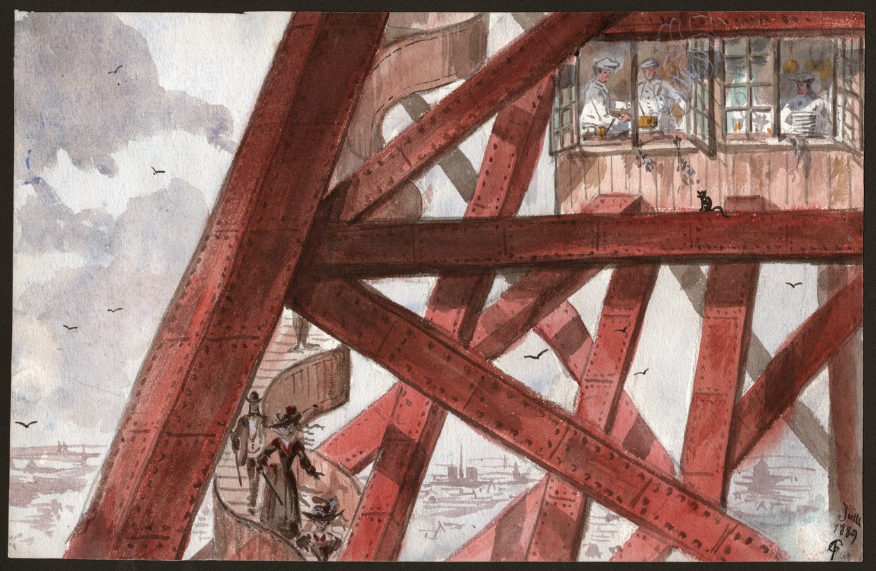 Turister på trappene til Eiffeltårnet, Paris. Kokker lager mat i restauranten i første etasje. 1889 (illustrasjon) av . .
