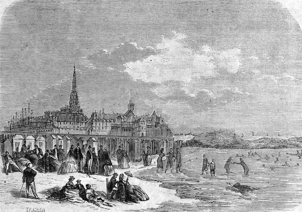 Utsikt over badende på stranden i Saint Malo av . .