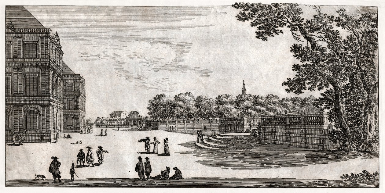 Utsikt over Palais d'Orleans (Senatet) i Jardin du Luxembourg, Paris. 1600-tallet (gravering) av . .
