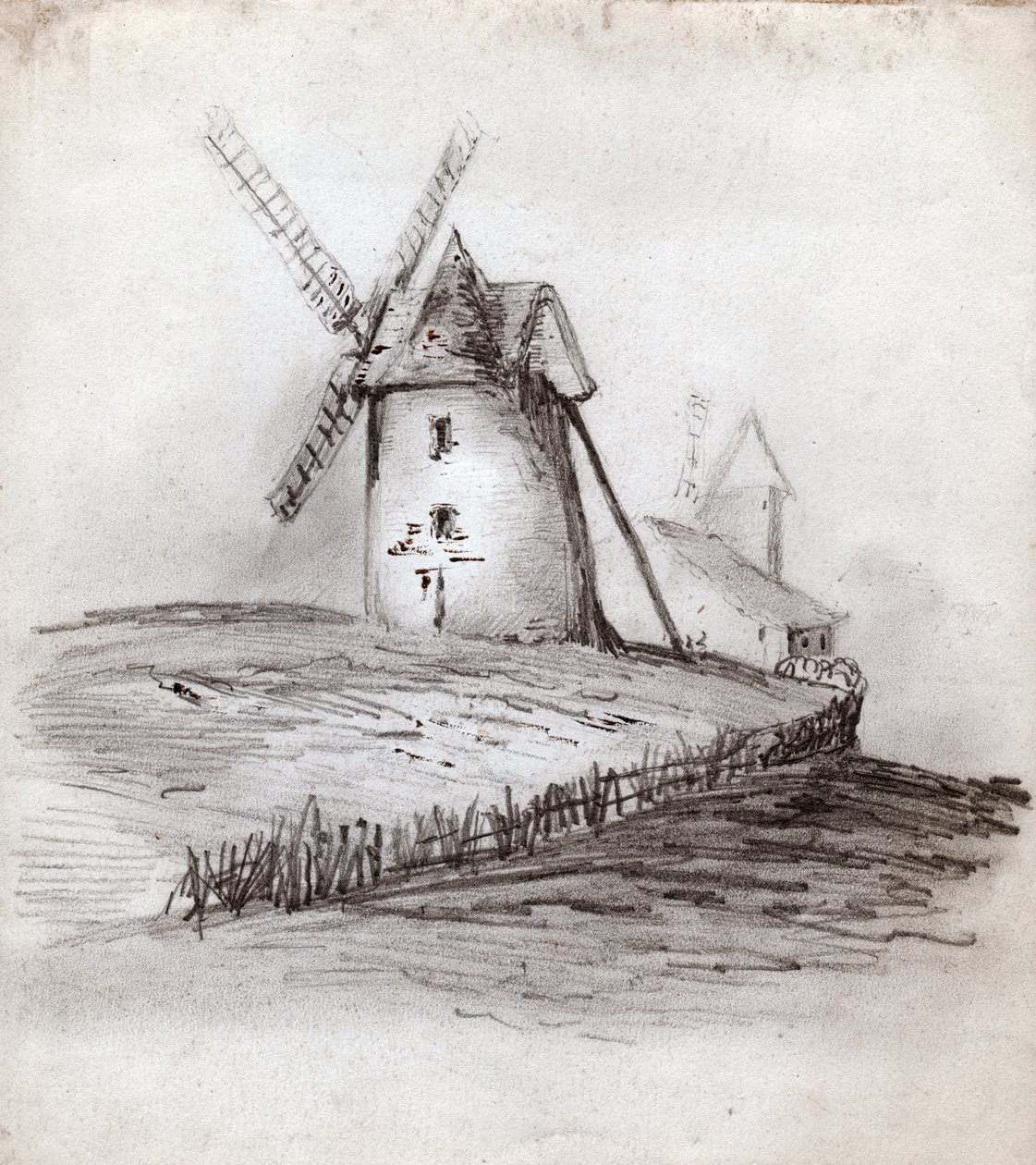 Vindmølle i Normandie, Frankrike. ca 1830 (illustrasjon) av . .