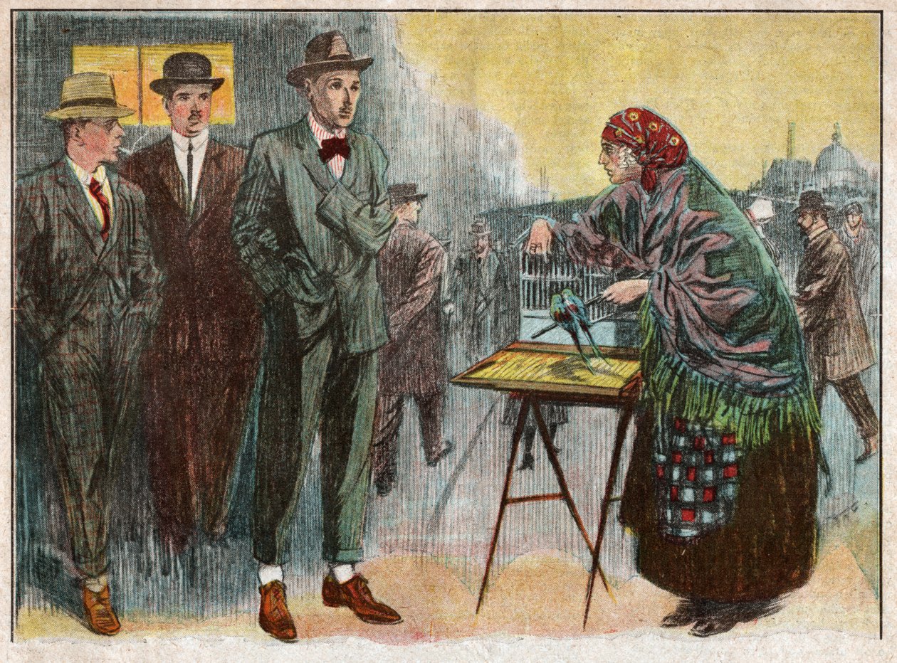 Kvinne som øver på spådom ved hjelp av fugler. 1926 (illustrasjon) av . .