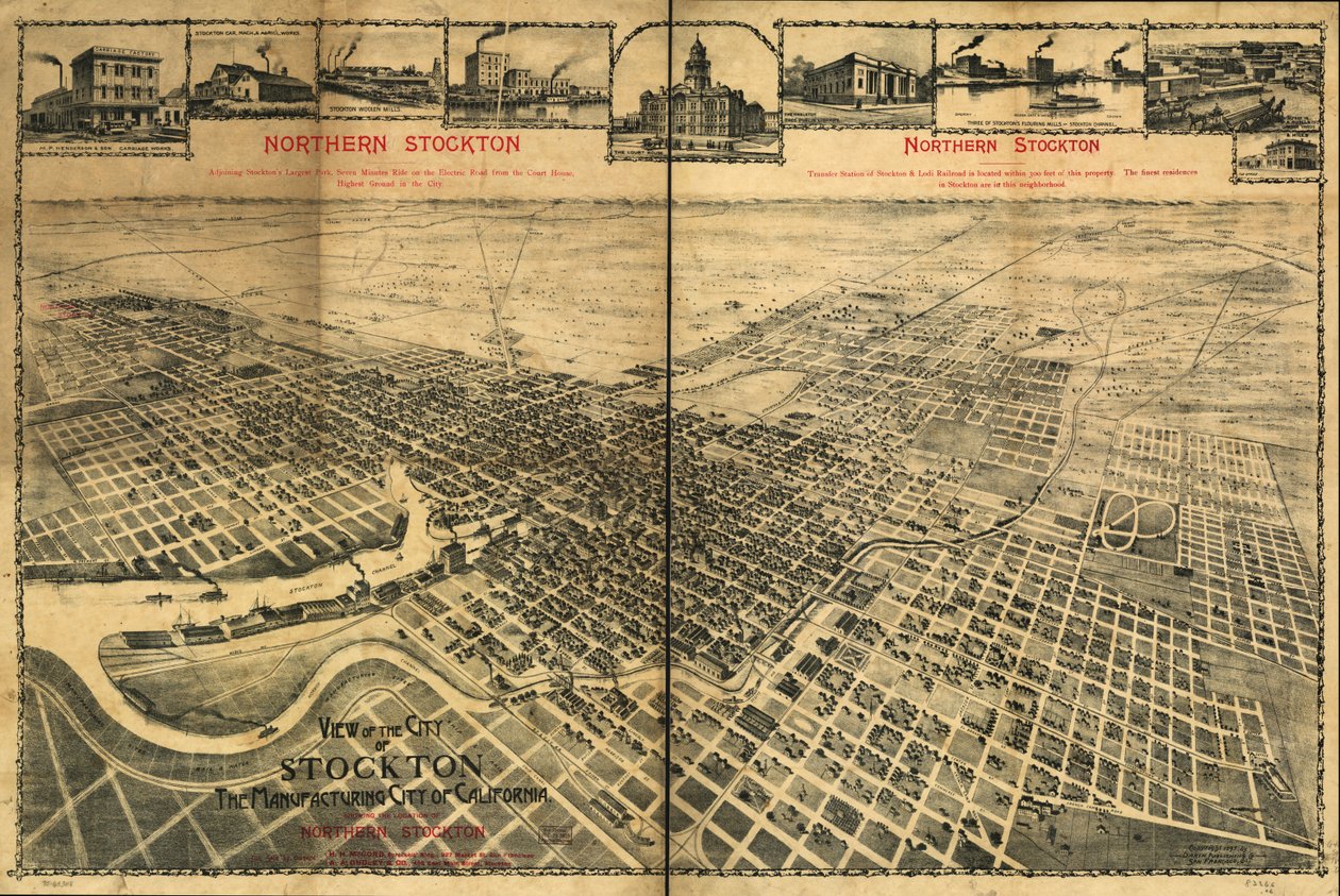Utsikt over byen Stockton, produksjonsbyen California, som viser beliggenheten til det nordlige Stockton av Dakin Publishing Co.