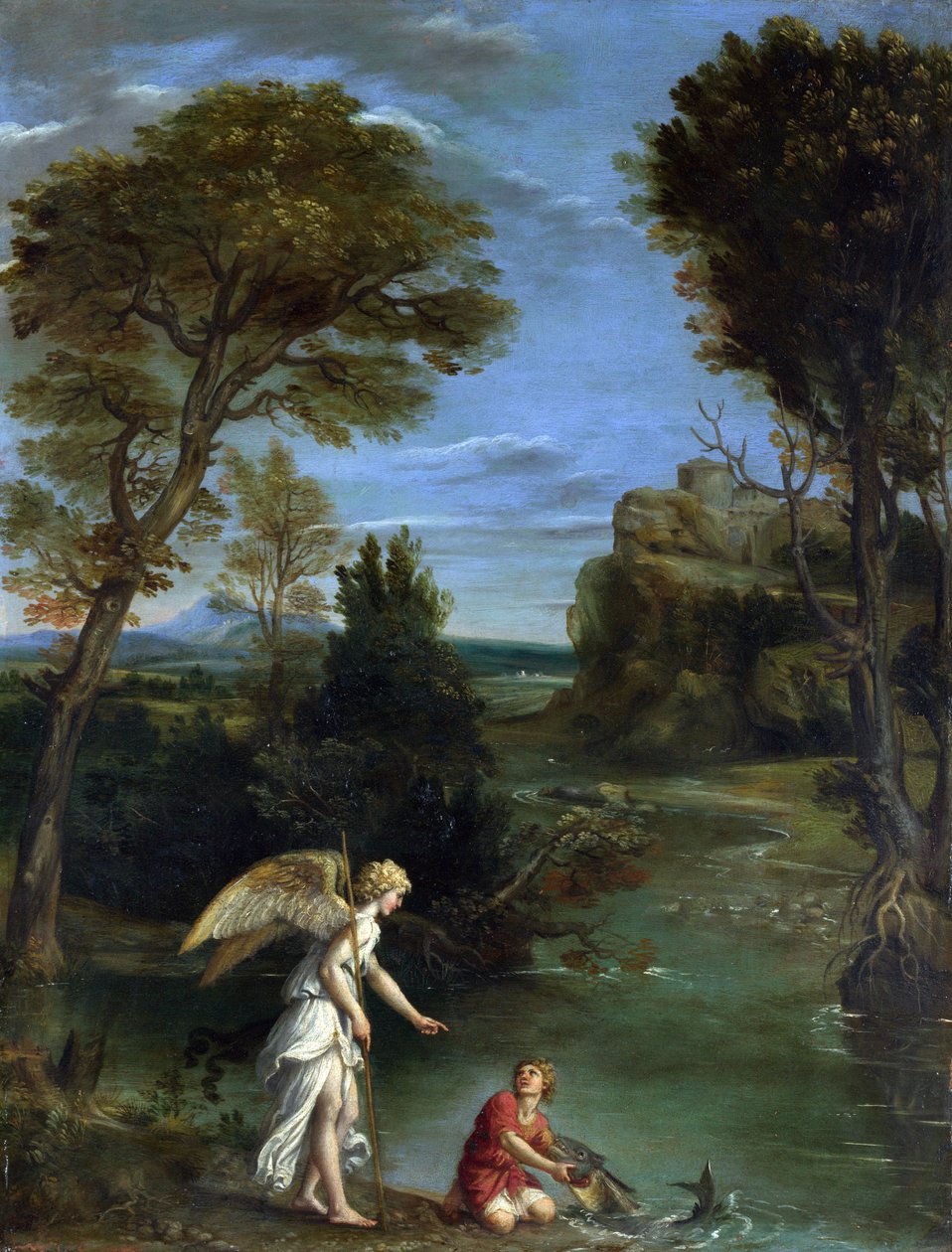 Landskap med Tobias som tar tak i fisken av Domenichino