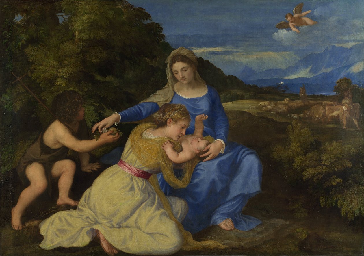Jomfruen og barnet med spedbarnet Saint John og en kvinnelig helgen eller donor ("The Aldobrandini Madonna") av Tiziano Vecelli