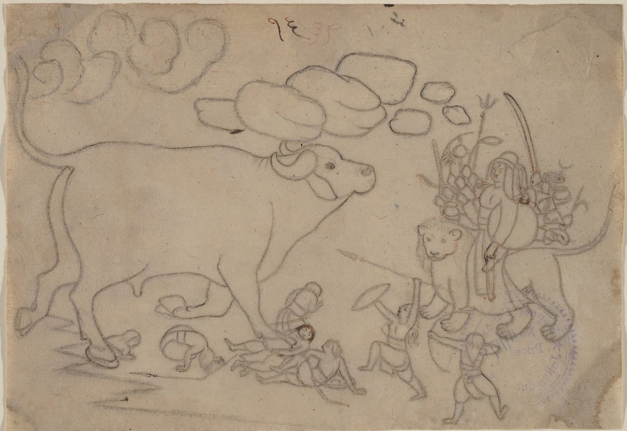 Durga konfronterer Buffalo Demon Mahisha: Scene fra Devi Mahatmya, Ka. 1780. av a first generation master after Nainsukh