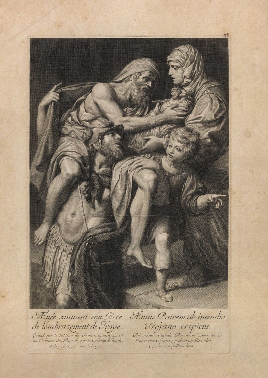 Aeneas redder faren Anchises fra å brenne Troy Aenee sauvant son pere de lembrazement de Troye av Domenichino