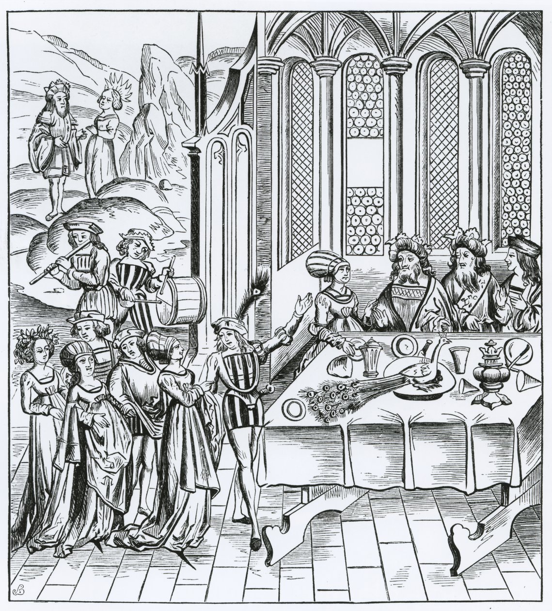 Statsbankett - servering av påfuglen, etter et tresnitt i en utgave av Virgil, utgitt Lyons, 1517 av French School