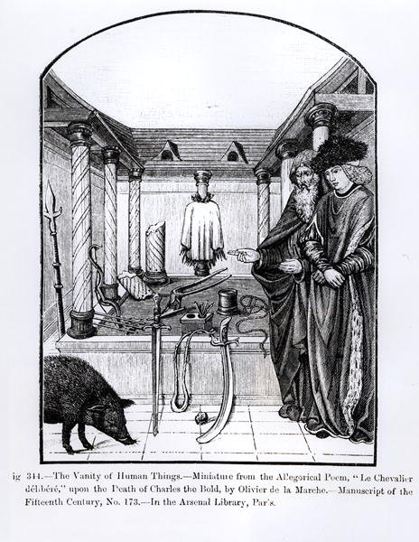 The Vanity of Human Things, fra Le Chevalier delibere , et allegorisk dikt av Olivier de la Marche etter døden til Charles the Bold (1433-77) illustrasjon fra Science and Literature in the Middle av French School