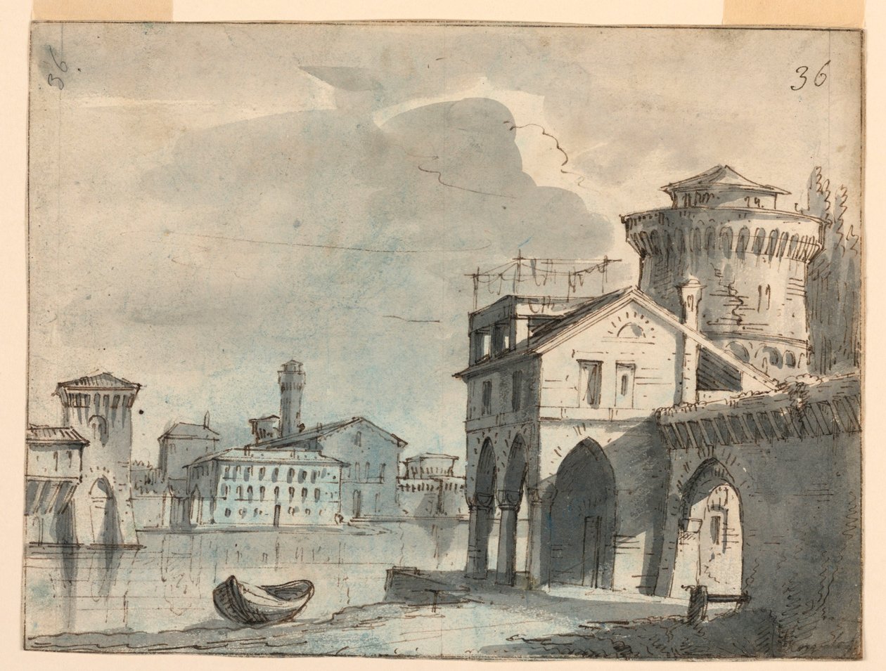 Scenedesign, bygninger ved elvebredden av after Alessandro Sanquirico