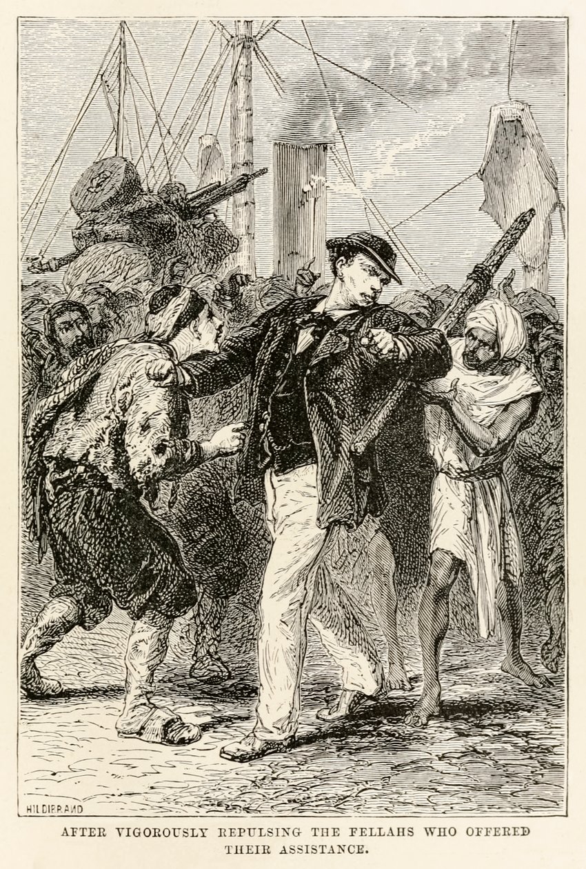 Etter å ha slått kraftig tilbake fellahene som tilbød sin hjelp, fra Jorden rundt på åtti dager av Jules Verne (1828-1905), gravert av Henri-Théophile Hildebrand (1824-1897) 1873 (gravering av after Alphonse Marie de Neuville