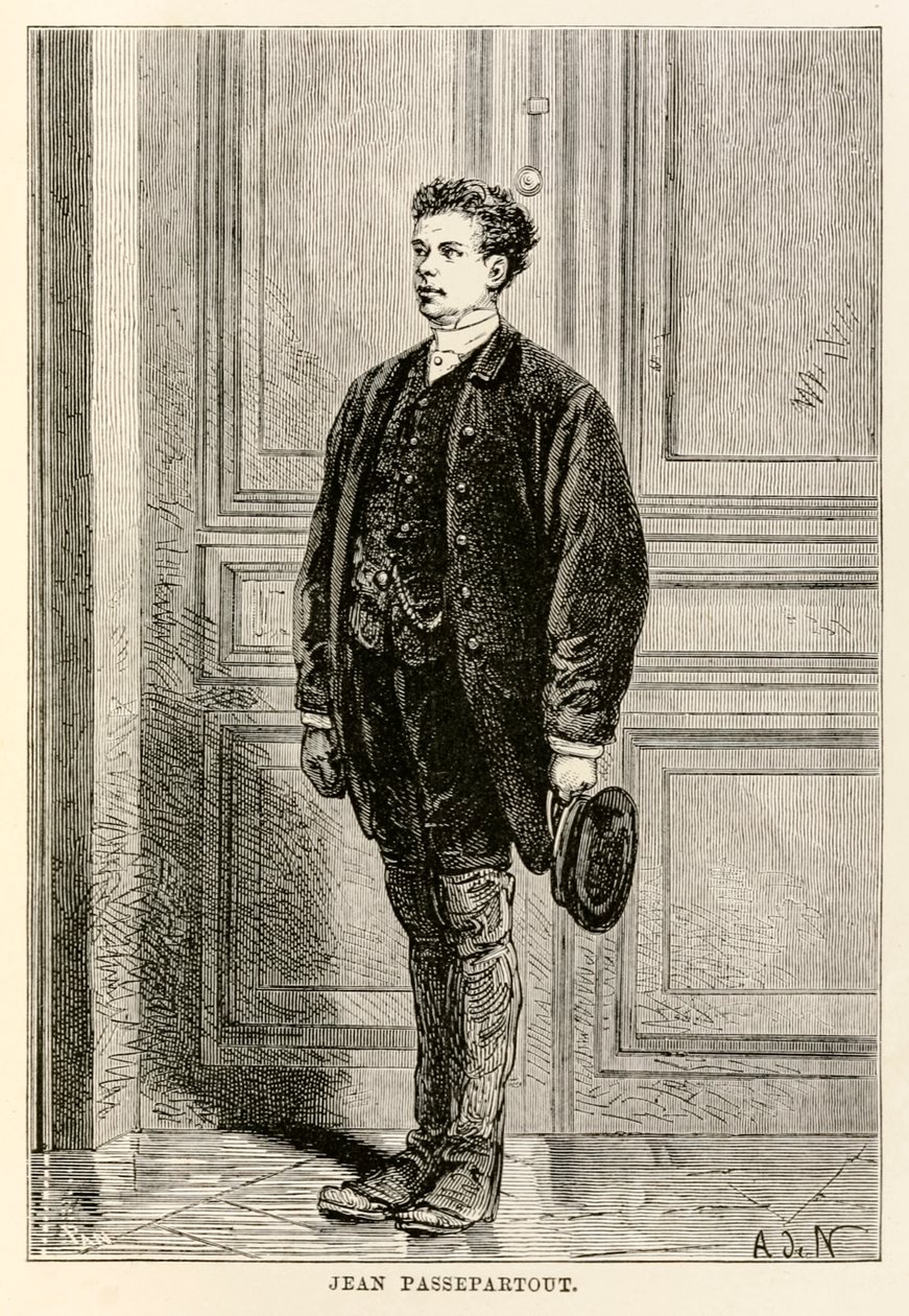 Jean Passepartout, fra Around the World in Eighty Days av Jules Verne (1828-1905), gravert av Louis Dumont (f.1822) 1873 av after Alphonse Marie de Neuville