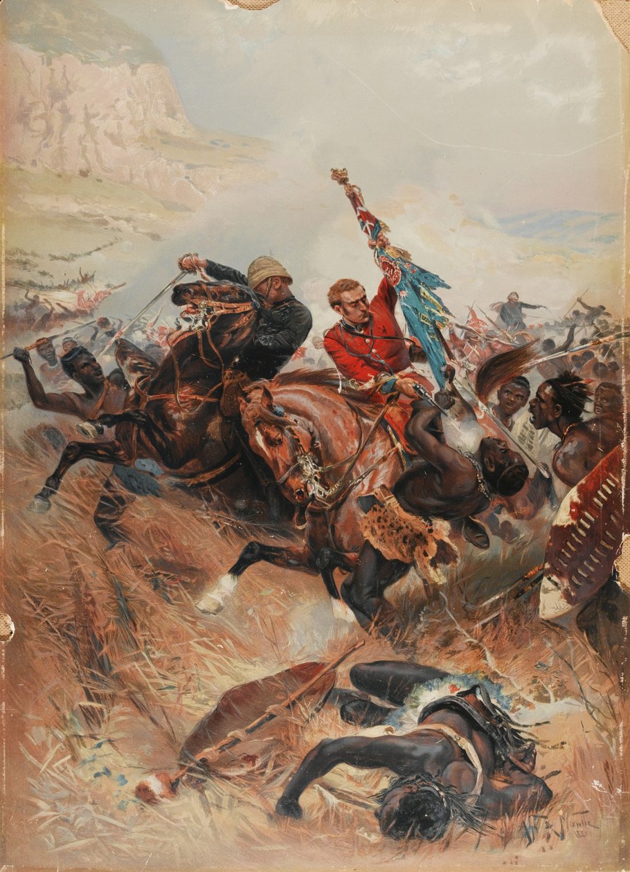 Løytnantene Melville og Coghill Saving the Colours, Zulu-krigen i 1879, 1881 (chromolitho) av after Alphonse Marie de Neuville