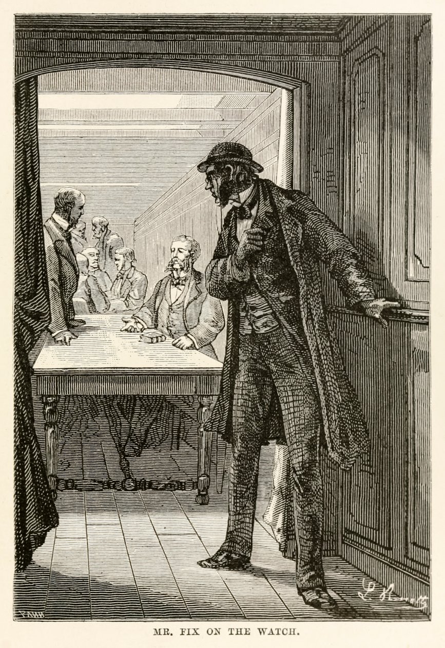 Mr. Fix på klokken, fra Around the World in Eighty Days av Jules Verne (1828-1905), gravert av Louis Dumont (f.1822), 1873 av after Alphonse Marie de Neuville