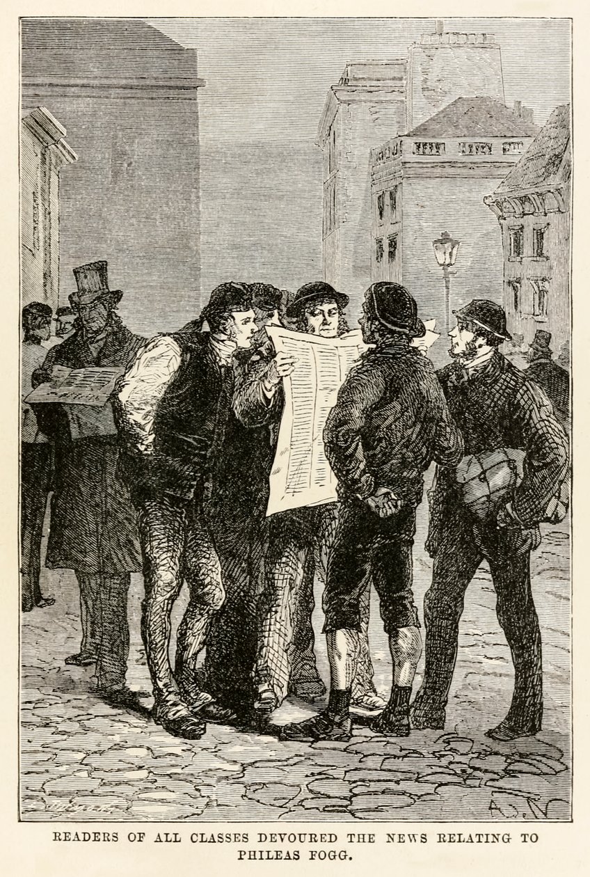 Lesere i alle klasser slukte nyhetene knyttet til Phileas Fogg, fra Around the World in Eighty Days av Jules Verne (1828-1905), gravert av Louis Dumont (f.1822) 1873 av after Alphonse Marie de Neuville
