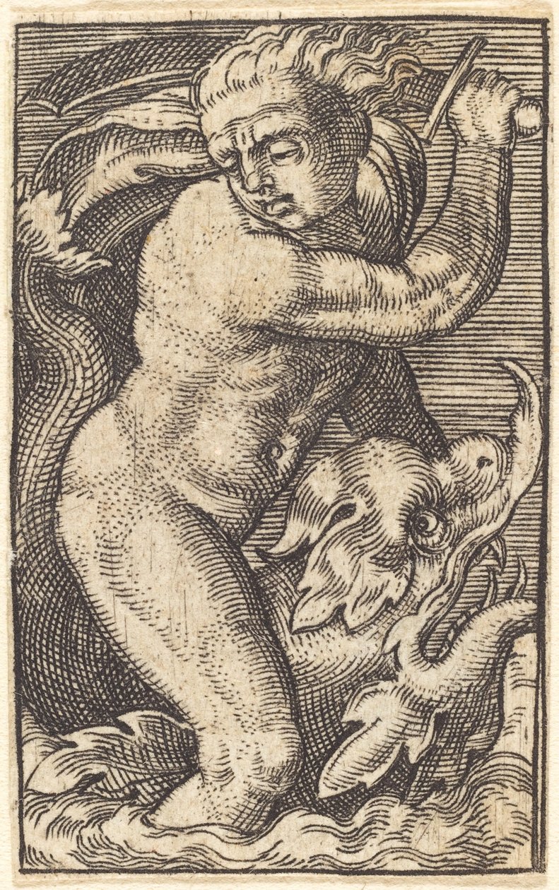 Kopi i revers av "Sea-God to the Left Riding on a Dolphin" av after Barthel Beham