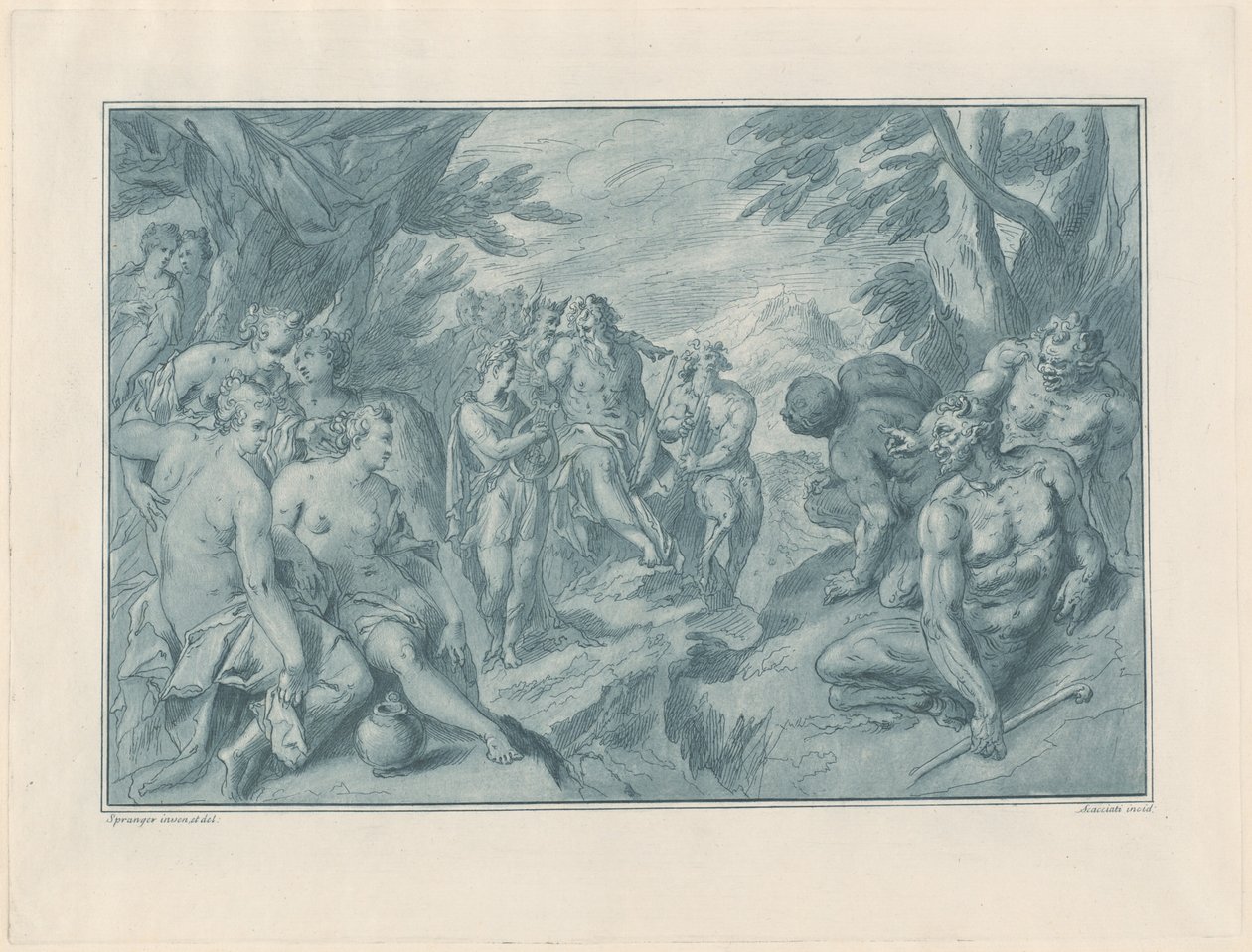 Den musikalske konkurransen mellom Apollo og Pan av after Bartholomaeus Spranger Andrea Scacciati