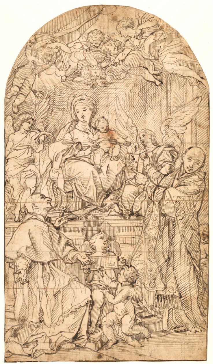 Madonnaen og barnet troner, flankert av engler og de hellige Charles Borromeo og Ignatius av Loyola av after Carlo Maratti