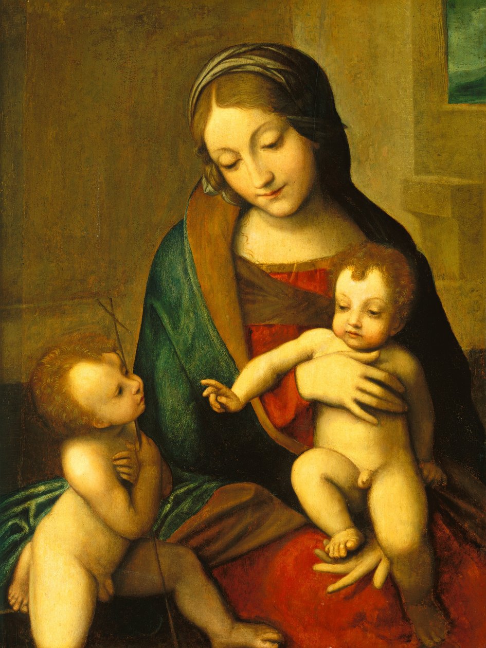 Madonna og barn med spedbarnet Saint John av after Correggio